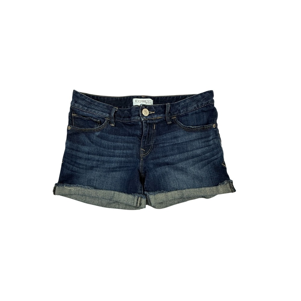 Express Denim Shorts‎ Women Size 4 Dark Wash Jean Cuffed Stretch Mid Rise Casual